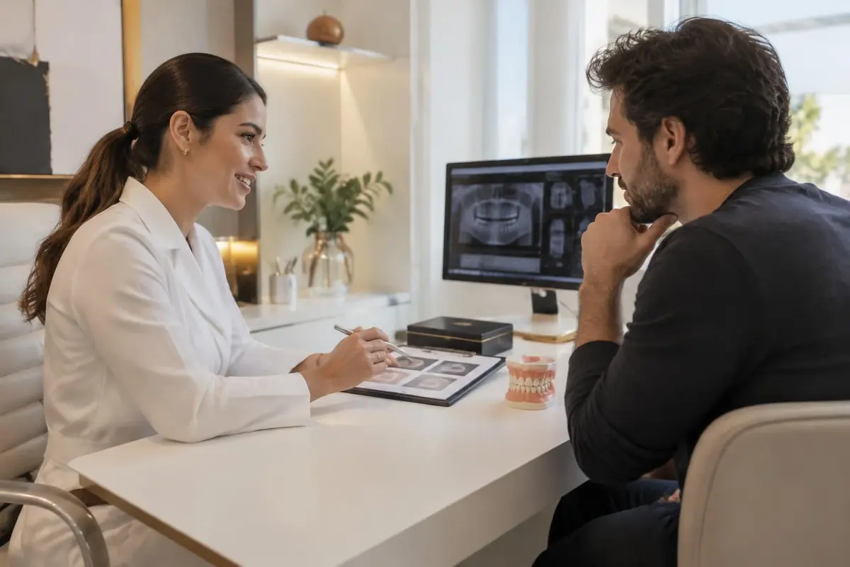 Dentista conversando com paciente durante o planejamento do tratamento
