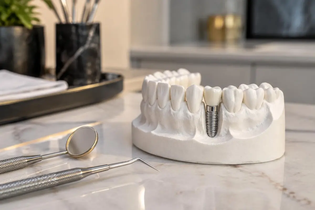 Modelo odontológico com implante de titânio e coroa cerâmica