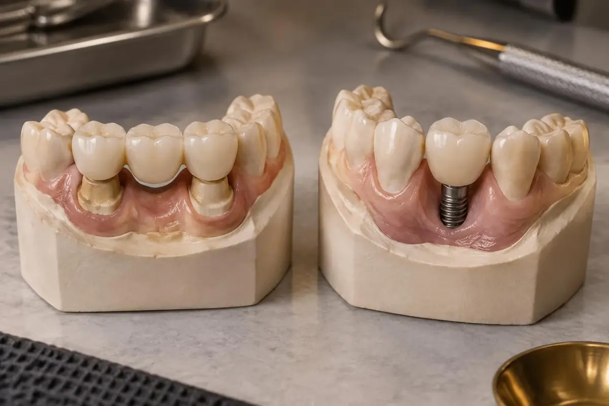 Modelos odontológicos comparando prótese fixa e implante unitário