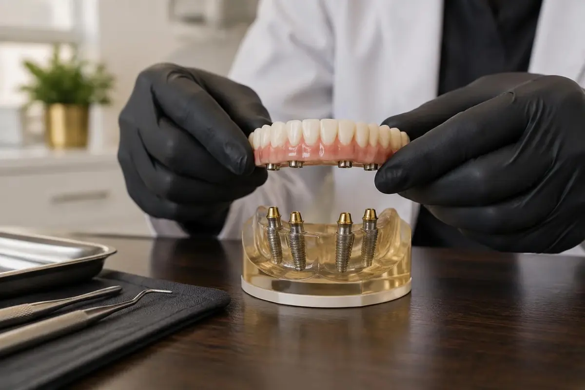 Demonstração do encaixe de uma prótese fixa sobre implantes