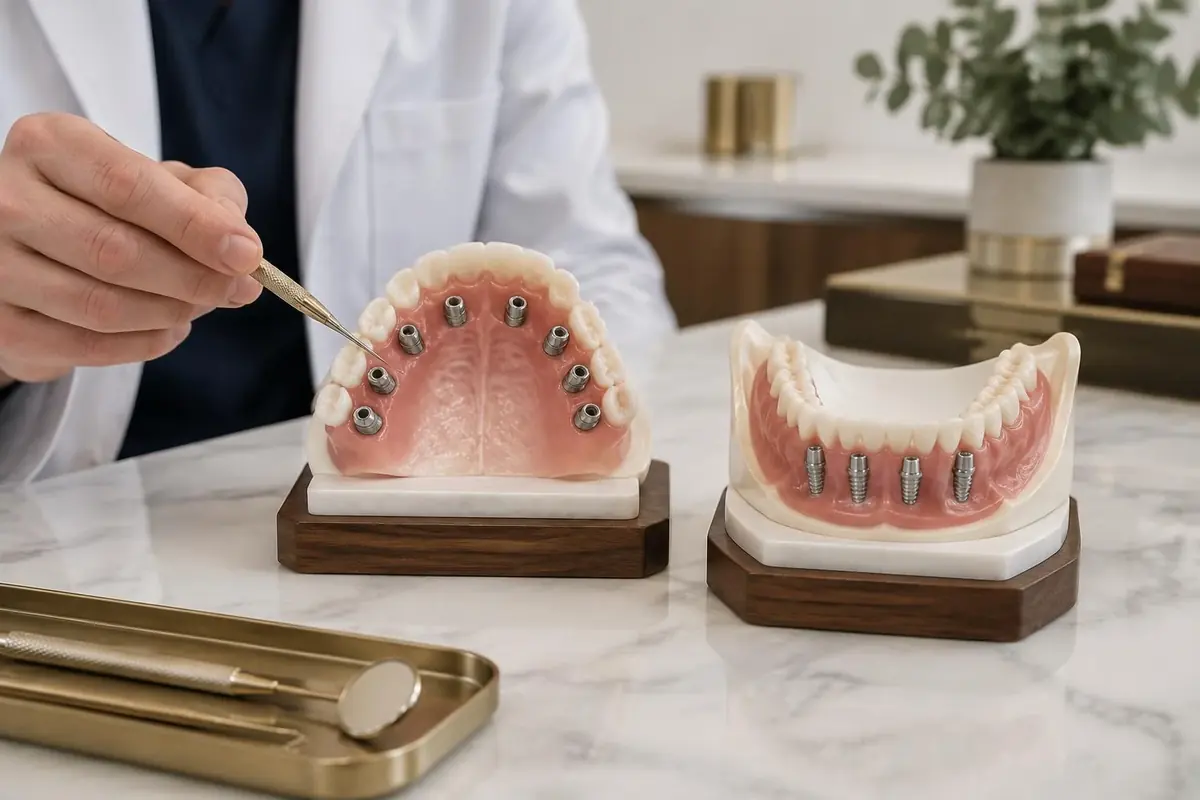 Modelos das arcadas superior e inferior com diferentes distribuições de implantes