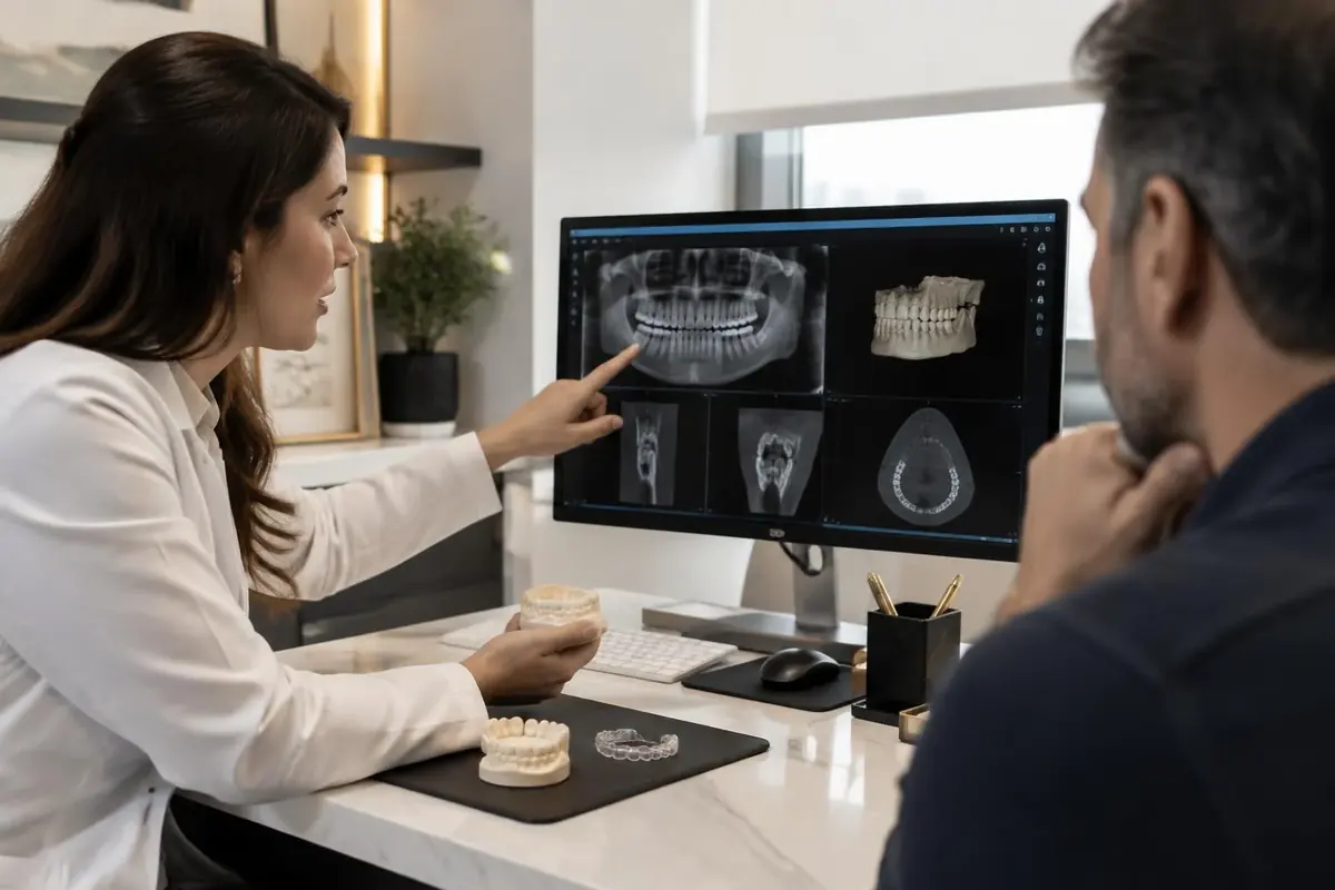 Dentista e paciente analisando exames para planejar a reabilitação oral