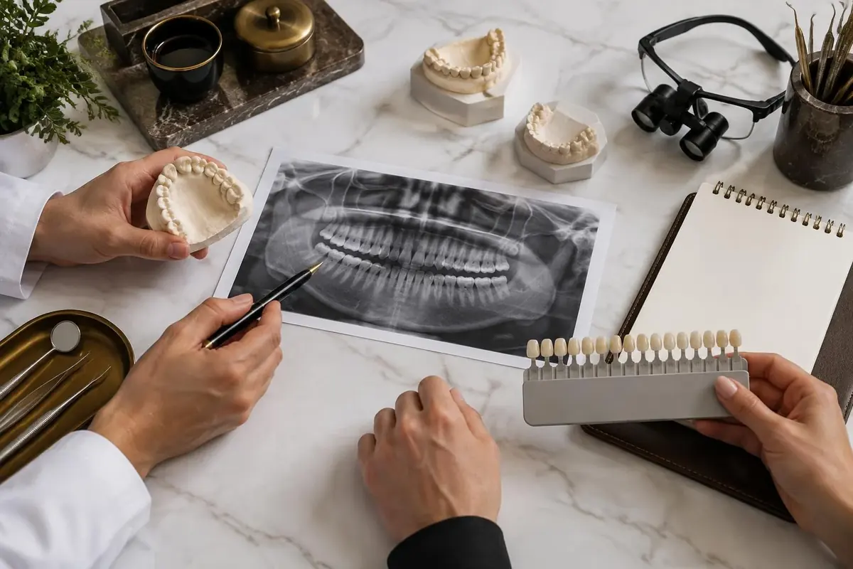Mesa de planejamento com radiografia, modelos odontológicos e escala de cores